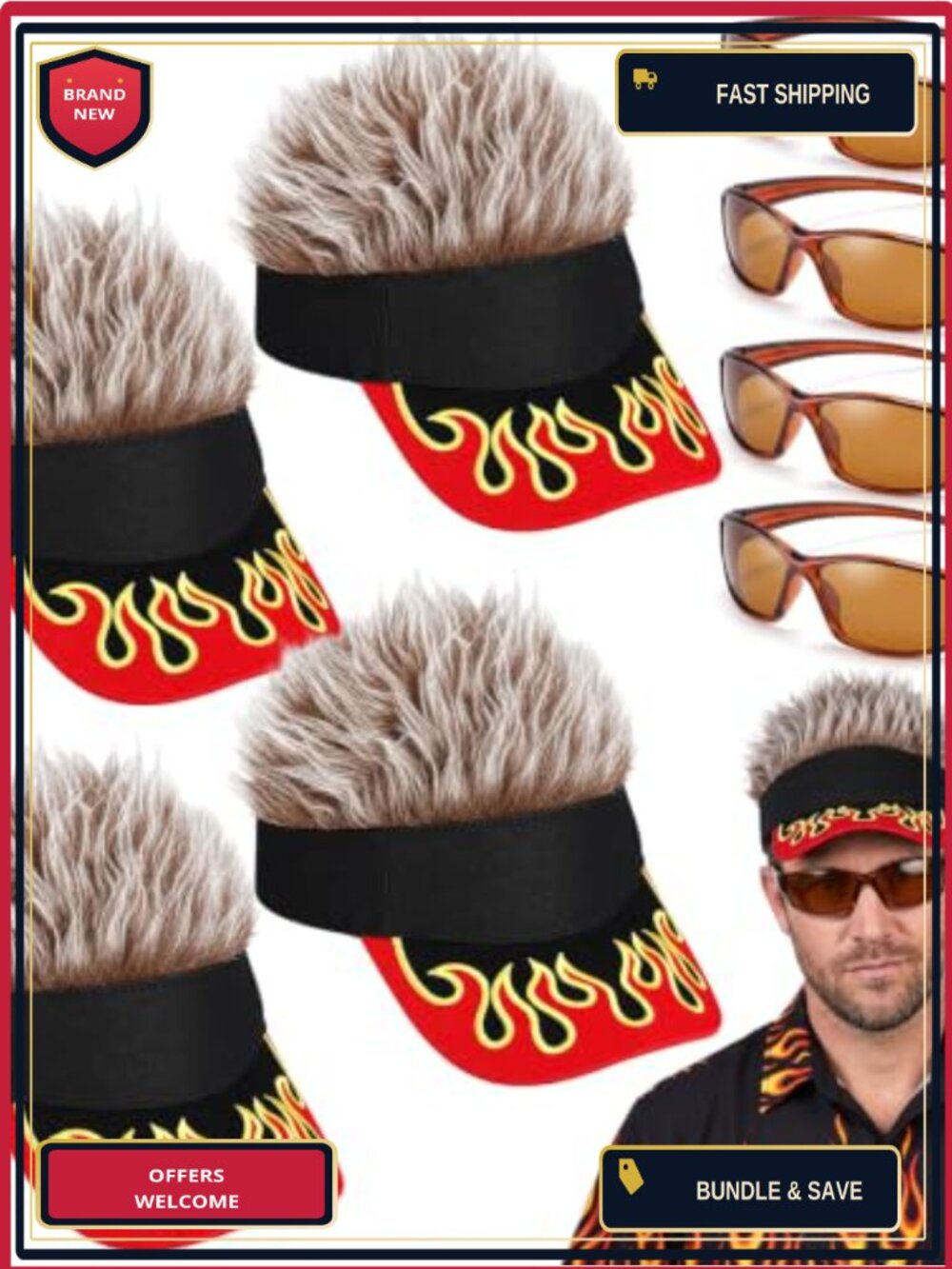 8 Pc Flame Visor Hat Spiked Wig Sunglasses Costume Set Men Novelty Party